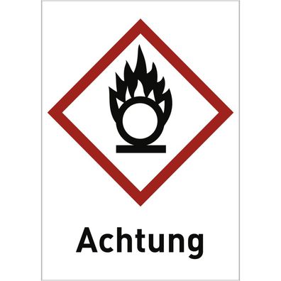 Gefahrstoffetikett Brandfördernd mit Text: Achtung, Kombischild, GHS
