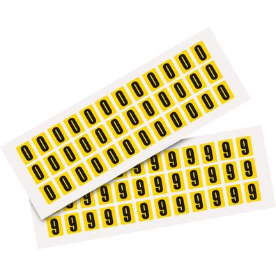 Pack Ziffer 0-9, gelb/ schwarz, Folie, SH 15mm,14x19mm, 72 je Ziffer/ Pack