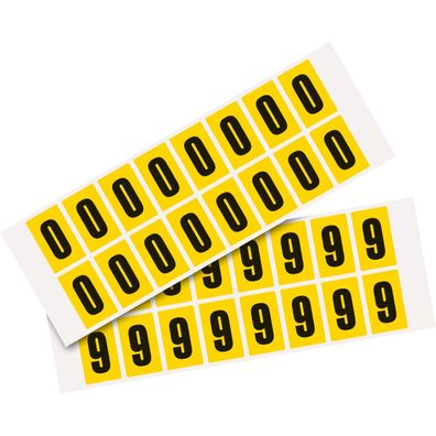 Pack Ziffer 0-9, gelb/ schwarz, Folie, SH 25mm,22x36mm, 32 je Ziffer/ Pack