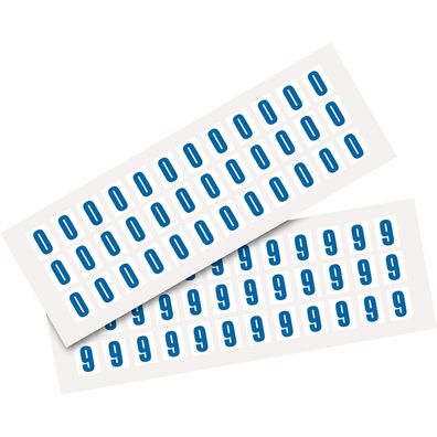 Pack Ziffer 0-9, weiß/ blau, Folie, SH 15mm,14x19mm, 72 je Ziffer/ Packung