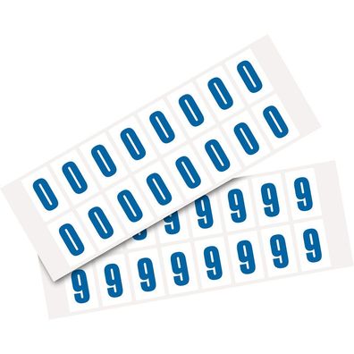 Pack Ziffer 0-9, weiß/ blau, Folie, SH 25mm,22x36mm, 32 je Ziffer/ Packung