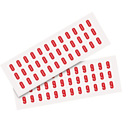 Pack Ziffer 0-9, weiß/ rot, Folie, SH 15mm,14x19mm, 72 je Ziffer/ Packung