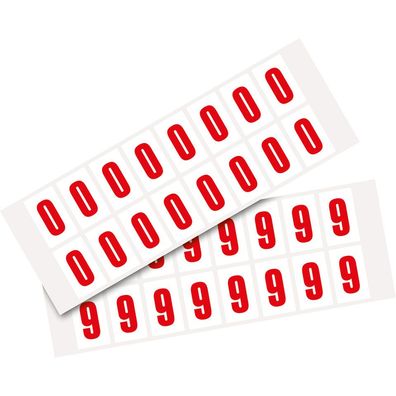 Pack Ziffer 0-9, weiß/ rot, Folie, SH 25mm,22x36mm, 32 je Ziffer/ Packung