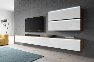 FURNIX Möbelwand BARGO V ohne LED: 3x TV-Schrank 2x Regale Weiß wotan glänzend