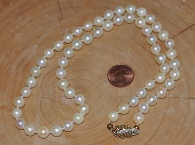 Akoja Perle Kette Perlenkette Gold 585 Verschluss Plastisch Diamant 48 cm