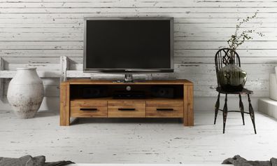 TV-Board Lubic aus Wildeiche massiv 155x45x51 mit 3 Schubladen 1 Fach Holzbeinen