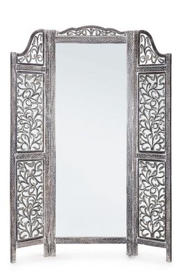 Paravent Ajala130x2,5x180cm Mango-Holz mit Spiegel Handvearbeitet Antik-Grau