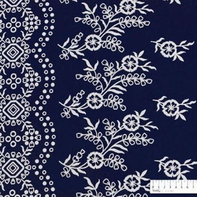 Baumwollgewebe Blaudruck Blumen Bordüren, 150 cm breit, Mw., Preis pro 0,5 lfdm