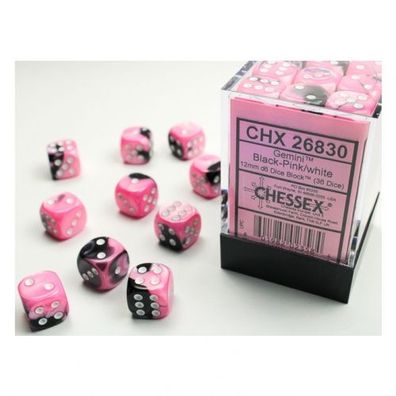 Würfel - 12 mm - Gemini Black-Pink/ white (Würfelset 36 x W6)