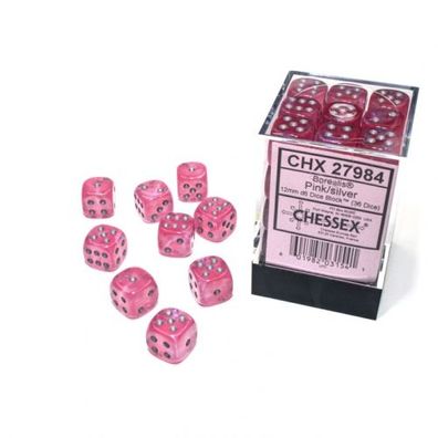 Würfel - 12mm - Borealis Pink/ silver Luminary (Würfelset 36 x W6)- leuchtet im Dunk