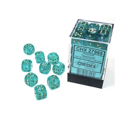 Würfel - 12mm - Borealis Teal/ gold Luminary (Würfelset 36 x W6)- leuchtet im Dunkel