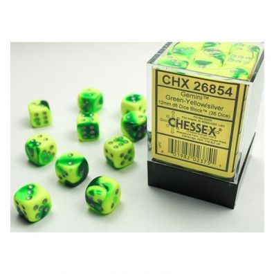 Würfel - 12mm - Gemini Green-Yellow/ silver (Würfelset 36 x W6)