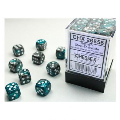 Würfel - 12mm - Gemini Steel-Teal/ white (Würfelset 36 x W6)