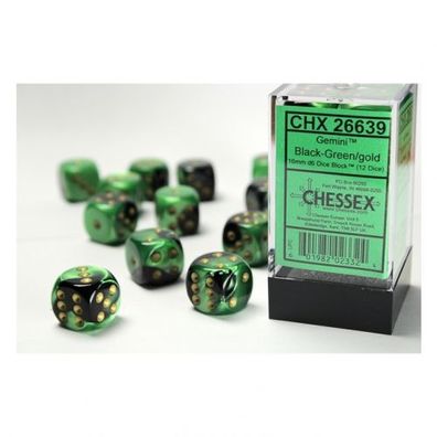 Würfel - 16mm - Gemini Black-Green/ gold (Würfelset 12 x W6)