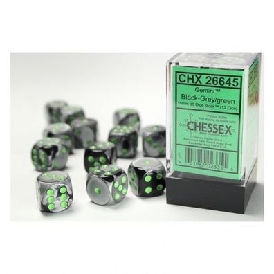 Würfel - 16mm - Gemini Black-Grey/ green (Würfelset 12 x W6)