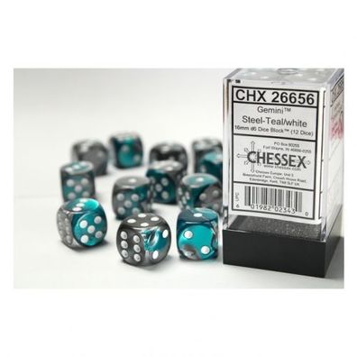 Würfel - 16mm - Gemini Steel-Teal/ white (Würfelset 12 x W6)