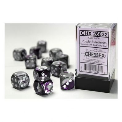 Würfel - 16mm - Gemini Purple-Steel/ white (Würfelset 12 x W6)