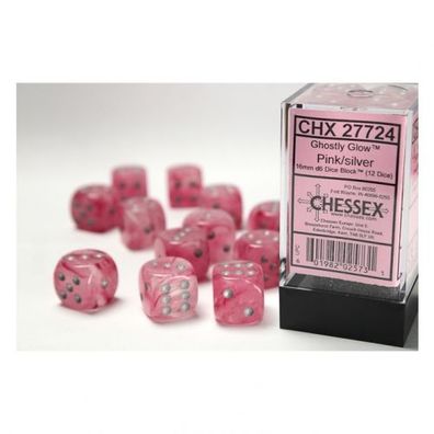 Würfel - 16mm - Ghostly Glow Pink/ silver (Würfelset 12 x W6)