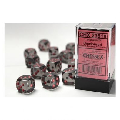 Würfel - 16mm - Translucent Smoke/ red (Würfelset 12 x W6)