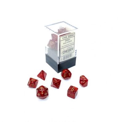 Würfel - MINI Glitter Ruby Red/ gold (7-Mini-Würfelset)