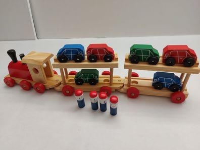 small foot Holzeisenbahn Autoreisezug mit zwei Waggons und farbenfrohen Autos