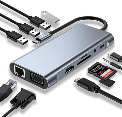 USB C HUB, Docking Station, 11-in-1 USB C Adapter mit 4K-HDMI, VGA, USB 3.0