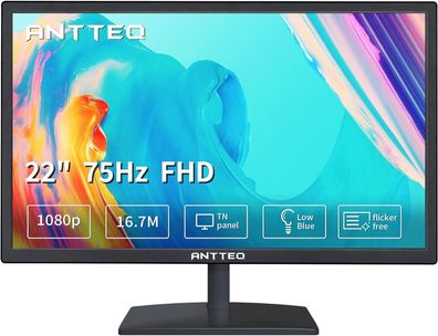 Antteq 22-Zoll-Computermonitor, FHD 1080p 75Hz Desktop-Monitor, Low Blue Light