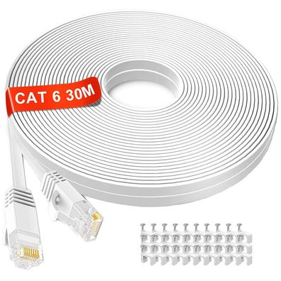 LAN Kabel 30 meter Weiß, Lang Netzwerkkabel Flach, Hochgeschwindigkeits Gigabit