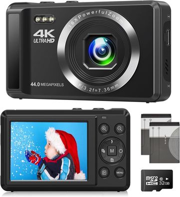 Digitalkamera 4k Fotokamera mit Autofokus, 44MP Fotoapparat mit 32GB SD-Karte