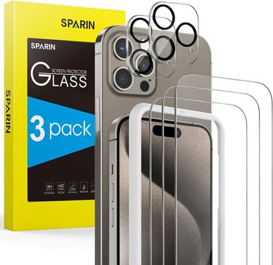 SPARIN 3x Panzer Schutz Glas mit Rahmen-Installationshilfe, iPhone 15 Pro Kamera
