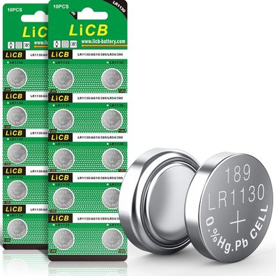 LiCB 20 Stück LR1130 Batterien Knopfzellen, AG10 l1131 189 1,5V Alkaline