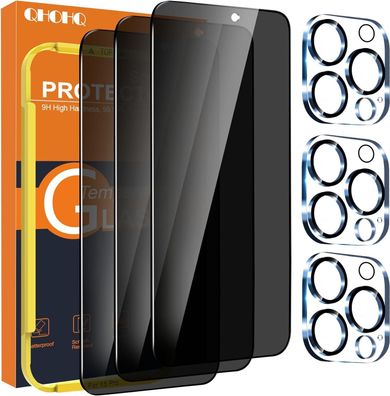 QHOHQ 3 Stück Sichtschutz für iPhone 15 Pro [6,1 Zoll] mit 3 Stück Kameraschutz
