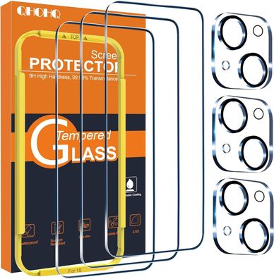 QHOHQ 3 Stück Panzer Schutz Glas für iPhone 15 [6,1 Zoll] Kameraschutz
