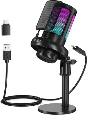 NJSJ Mikrofone PC, Gaming Microphone for PS4 PS5, RGB USB C Podcast Mikrofone