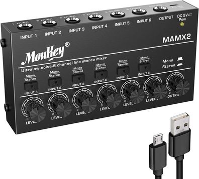 Moukey 6 Kanal DJ Mixer Mischpult, Musik Mixer tragbar, 6 Stereo Mini Audio