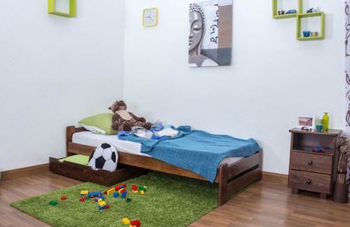 Kinderbett / Jugendbett Kiefer Vollholz massiv Nussfarben A9, inkl. Lattenrost -