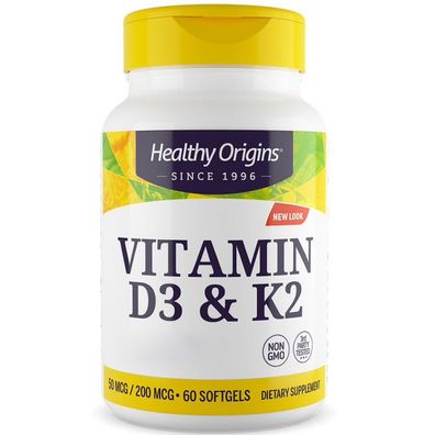 Healthy Origins, Vitamin D3 & K2, 50mcg/200mcg, 60 Weichkapseln | Sonderposten