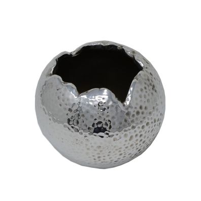 Kugelvase Übertopf silber Keramik gehämmert Krater Optik Dekokugel Ø 15 cm