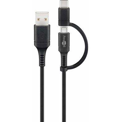 USB 2.0 Kabel, USB-A Stecker > USB-C + Micro-USB Stecker (schwarz, 1 Meter)