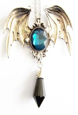 Halskette GOTHIC Vampire 11 x 7,7 cm mit blauem Glaskristall Anhänger