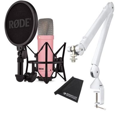 Rode NT1 Signature Pink Studio-Mikrofon Rosa mit PSA1 W Plus Gelenkarm-Stativ White