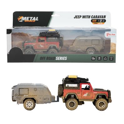 Toi-Toys Metal World Spielzeugauto Jeep 4x4 mit Wohnwagen und Rückzugsfunktion