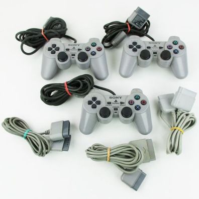 3 ORIG PSX - Playstation 1 ANALOG Controller 3D STICKS GRAU + 3 Verlängerungen