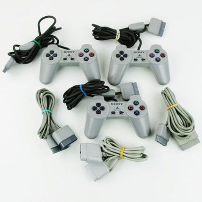 3 Original PS1 - Playstation 1 Controller in GRAU + 3 Controller Verlängerungen - ...