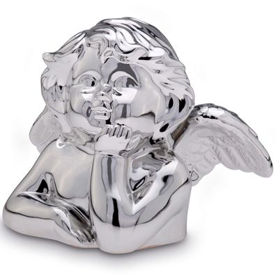 kleiner glänzender silberner Porzellan Deko Engel Höhe 11.6 cm