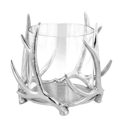 großes Glas Windlicht Aluminium poliert Ø 23 cm Motiv Hirschgeweih