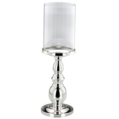 Deko Glas Windlicht auf Ständer 34 cm hoch - versilberter Kerzenhalter