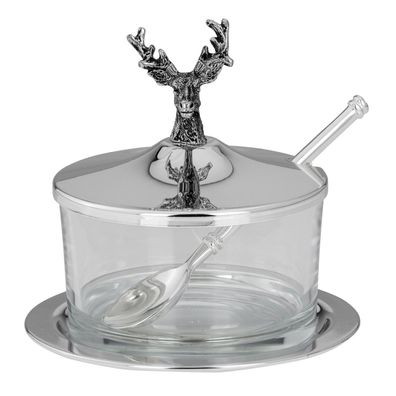 rundes versilbertes Marmeladenglas mit Deckel Ø 11 cm & Löffel Motiv Hisch