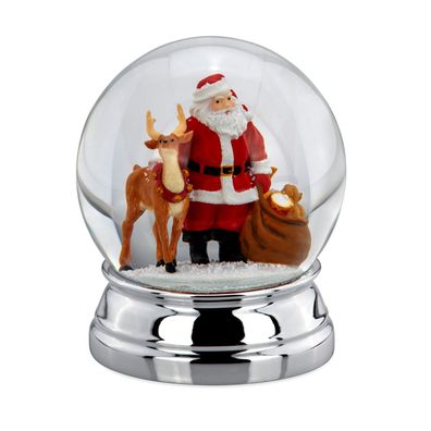 große versilberte Glas Schneekugel Ø 10 cm Weihnachtsmann & Rentiere