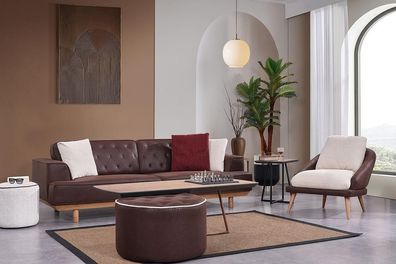 Braun-Weiße Sofagarnitur Wohnzimmer Dreisitzer Luxus Sessel 2tlg Set
